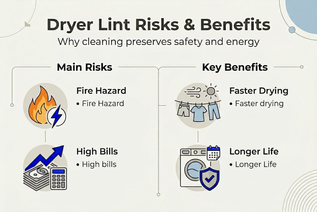 Infographic showing lint risks and cleaning benefits