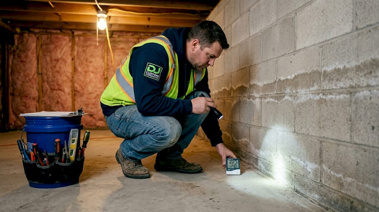 Contractor inspecting basement for moisture