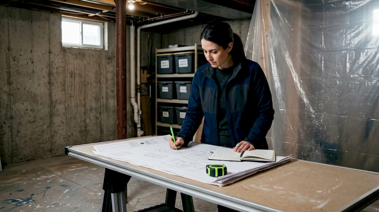 Architect reviewing basement renovation plans