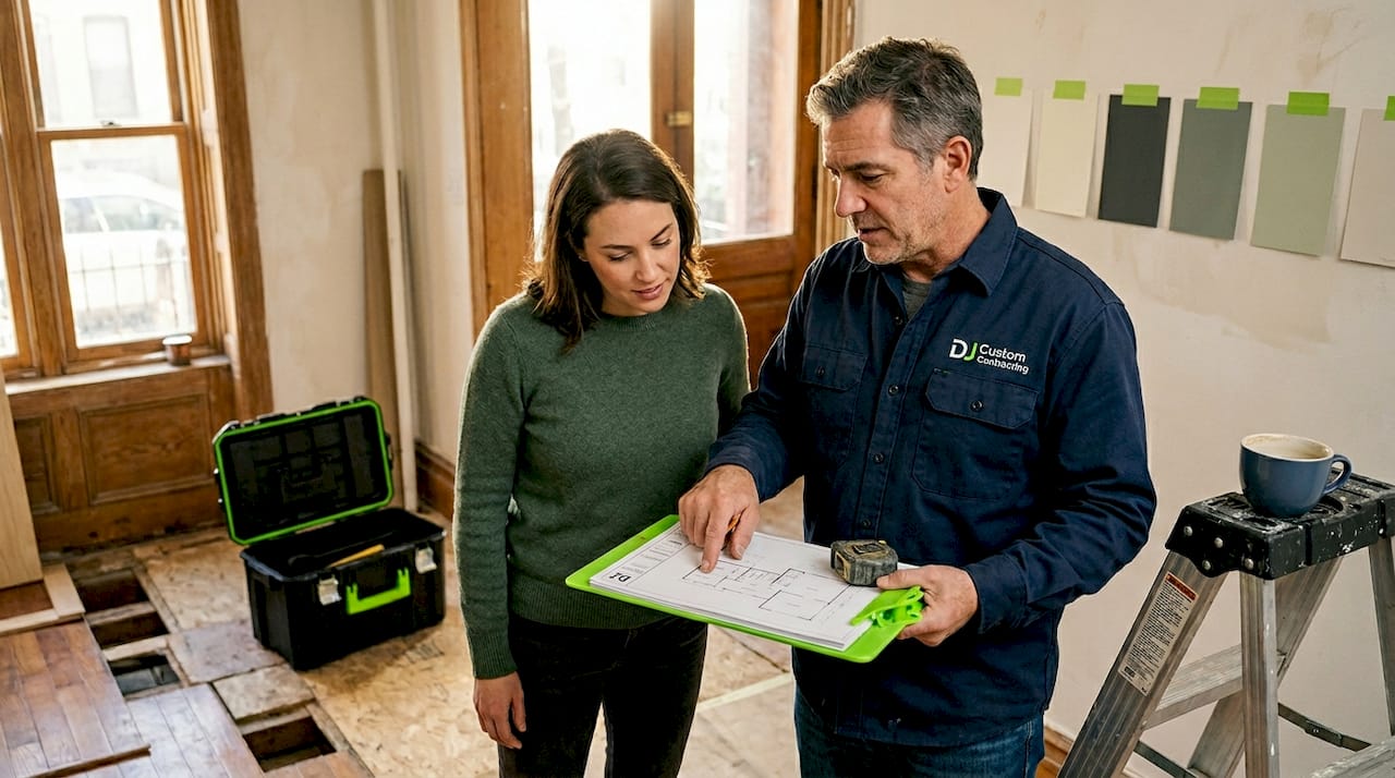 Contractor and homeowner review plans in entryway