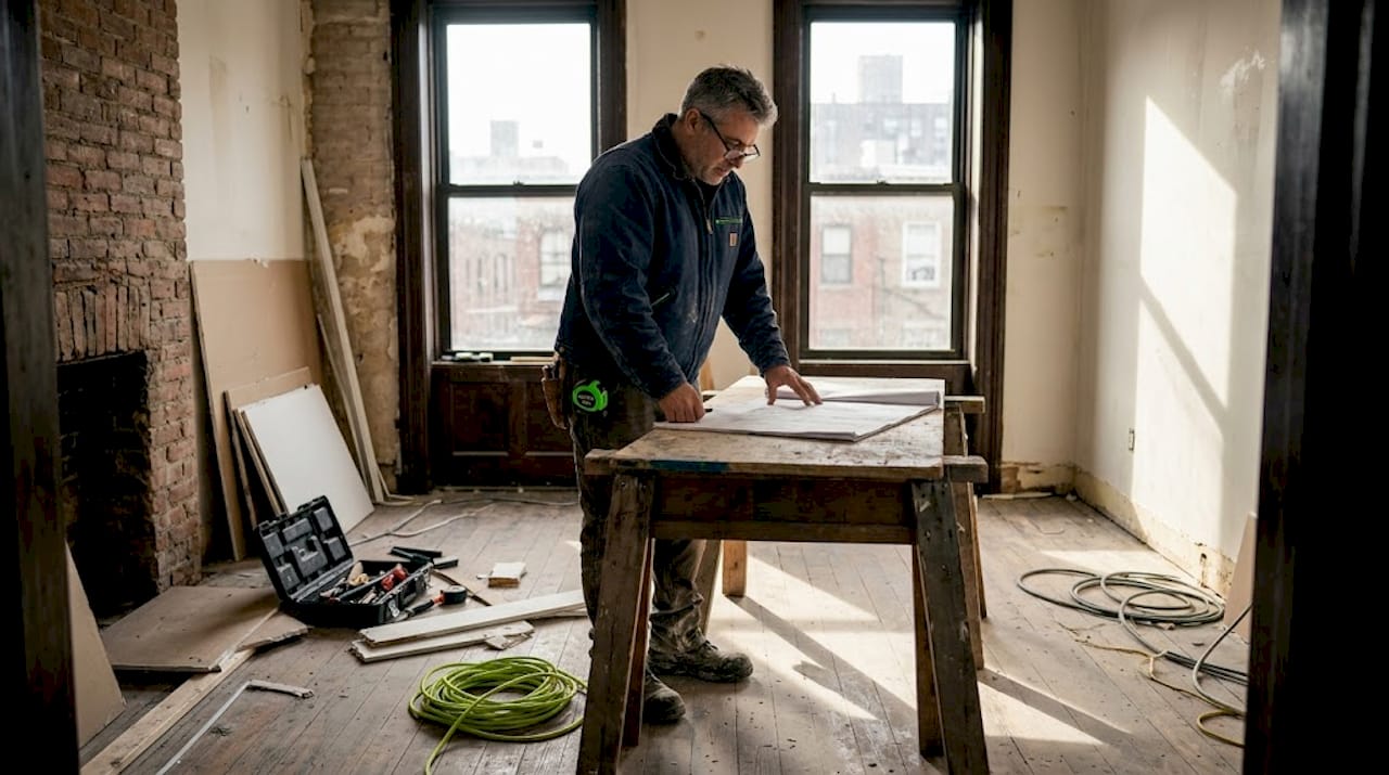 Contractor reviewing blueprints in city renovation