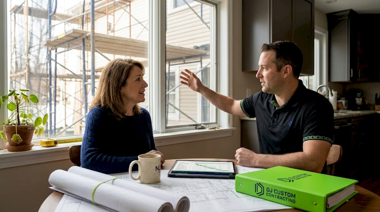 Homeowner meeting contractor at kitchen table