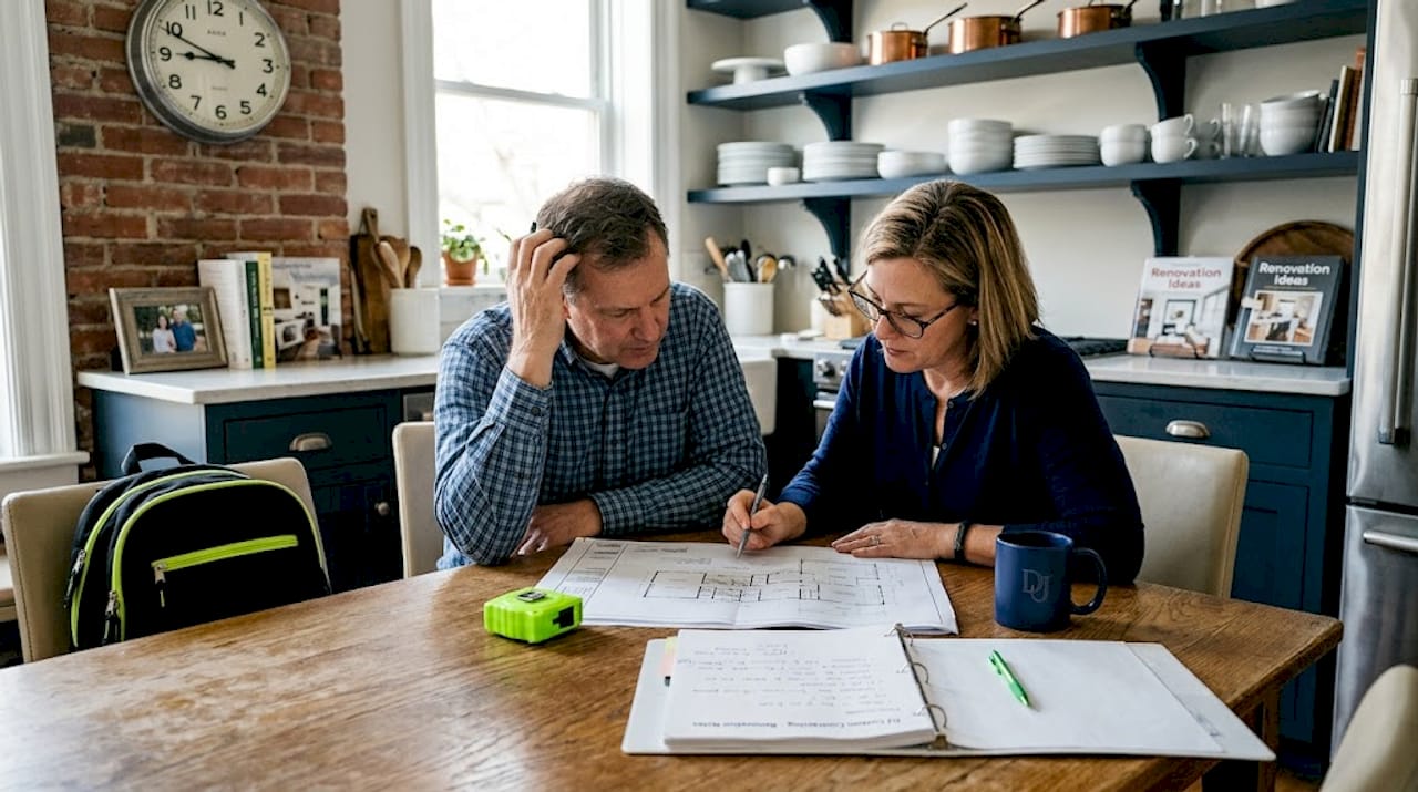 Couple planning home addition at kitchen table