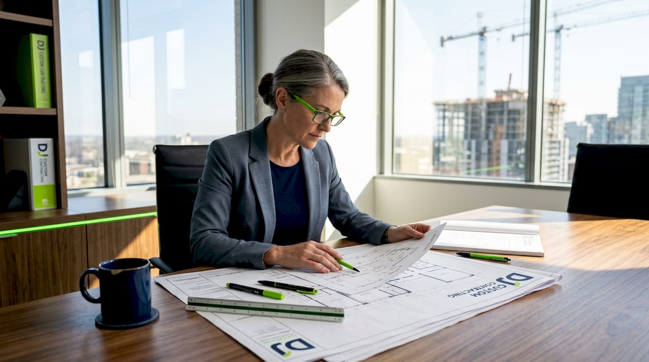 Business owner reviewing renovation blueprints in office
