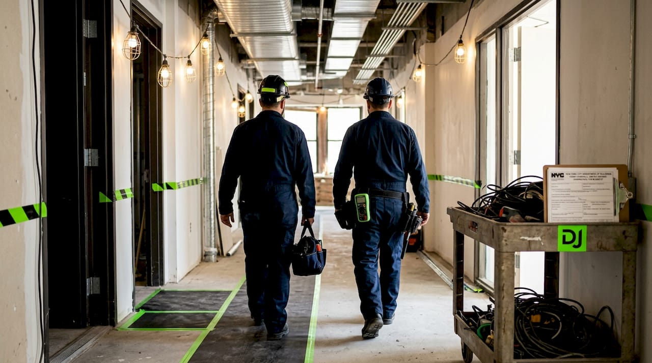 Electricians walk through active NYC renovation site