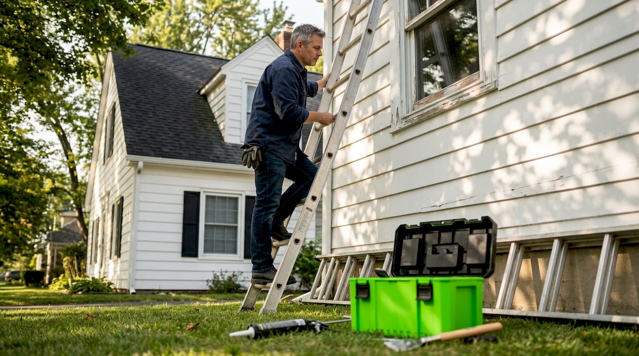 Homeowner inspecting house siding for repairs