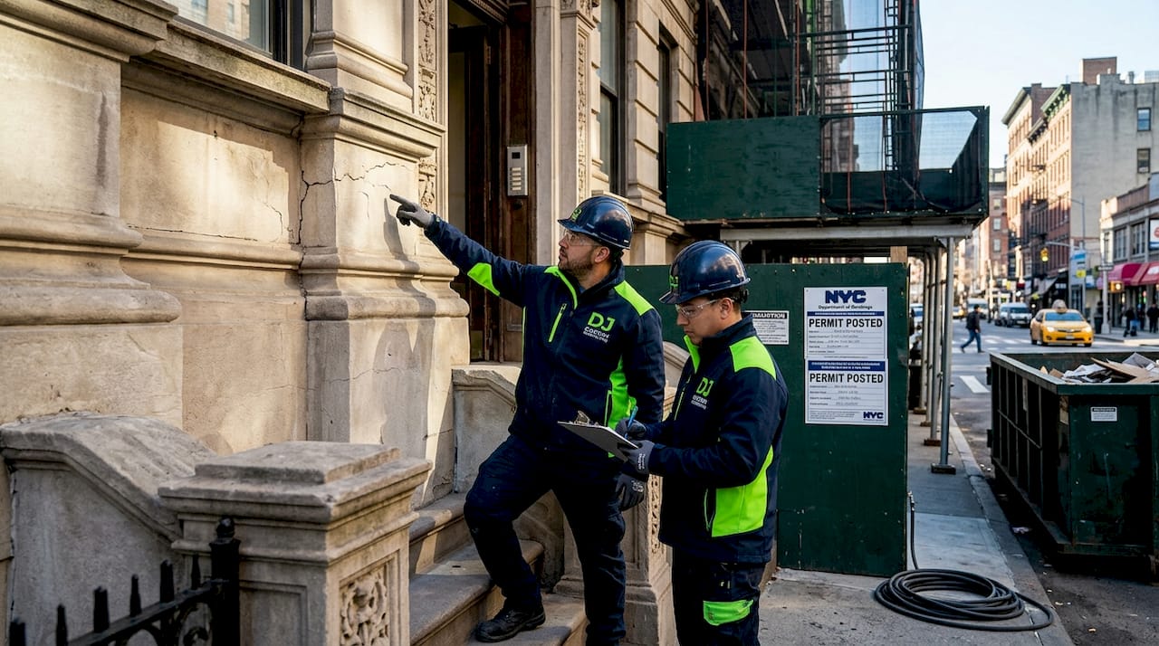 Renovation workers assessing NYC brownstone exterior
