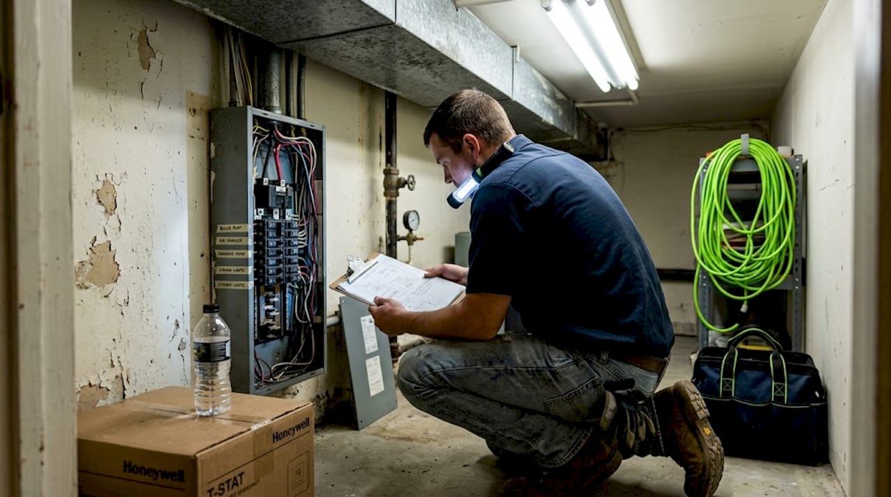 Technician checking HVAC and electrical panel