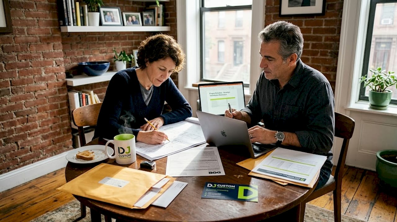 Couple reviewing NYC home addition plans