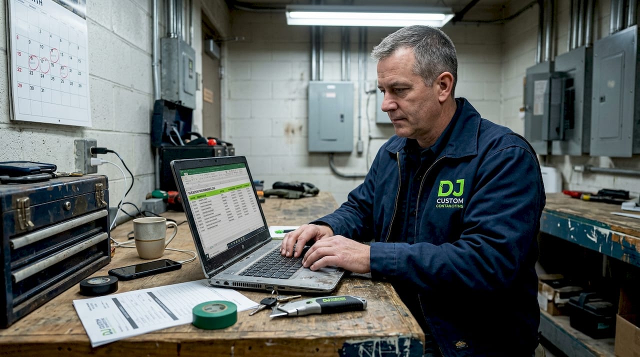 Superintendent updating maintenance log at workbench