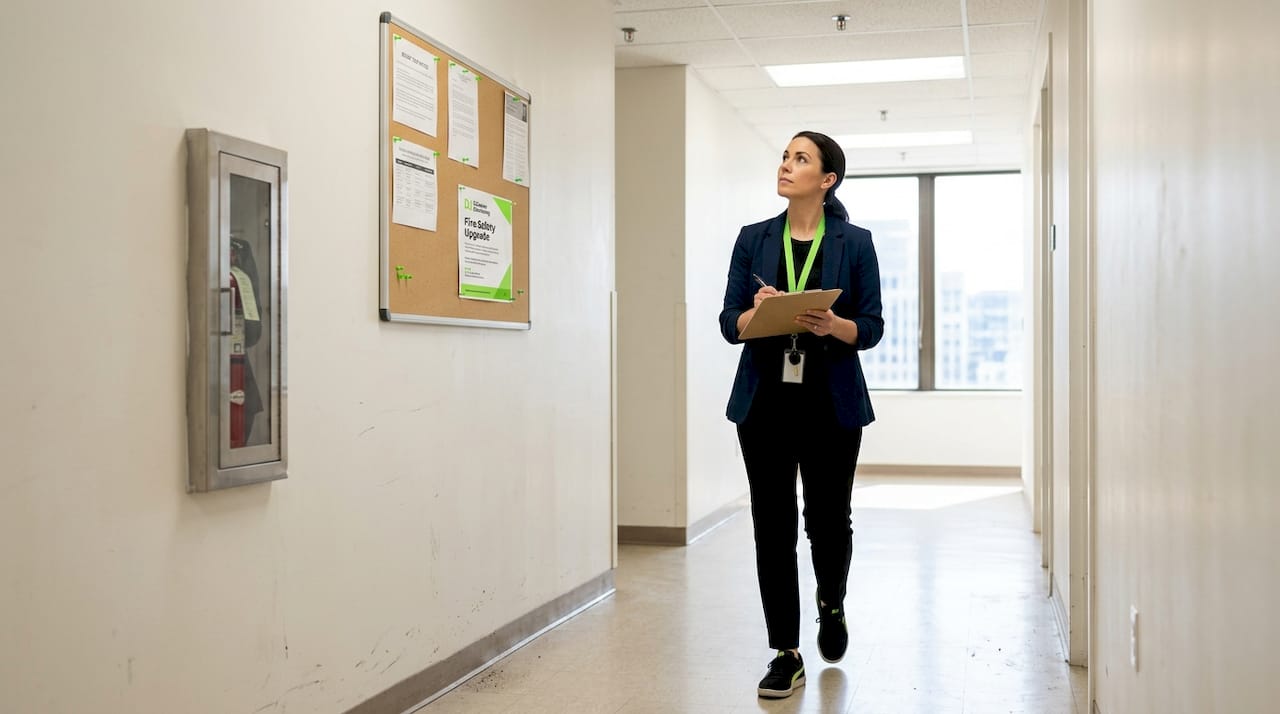 Property manager inspecting office hallway for compliance