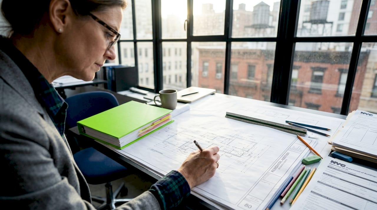 Architect marking NYC home addition blueprints