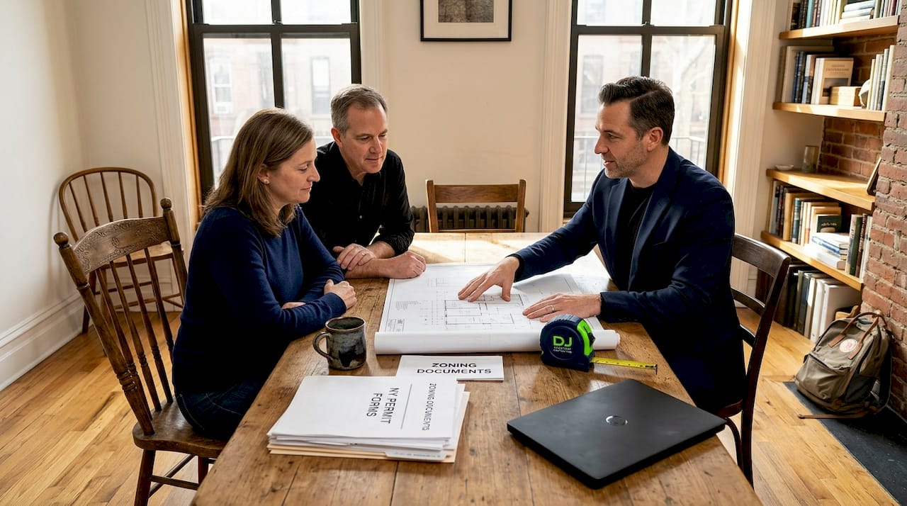 Couple and architect planning home addition