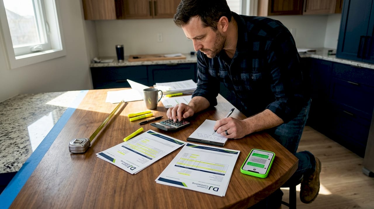 Contractor comparing bid and estimate at kitchen island