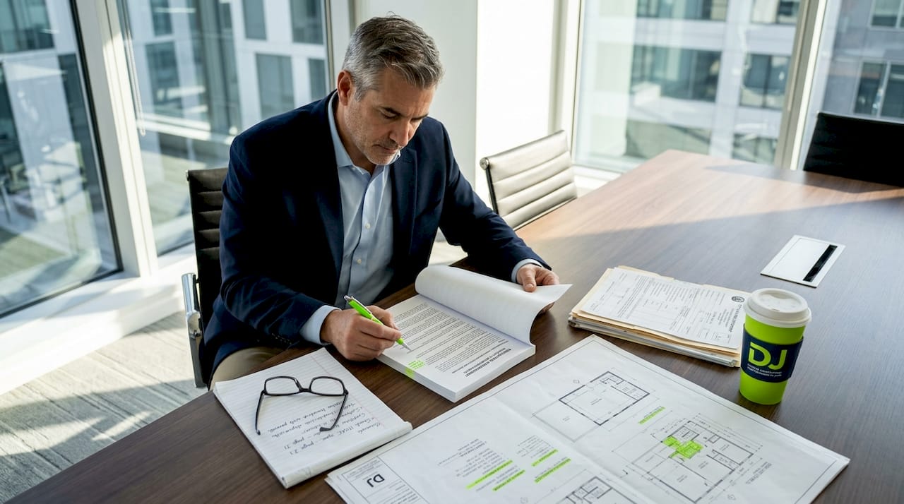Business owner reviewing renovation documents in modern office