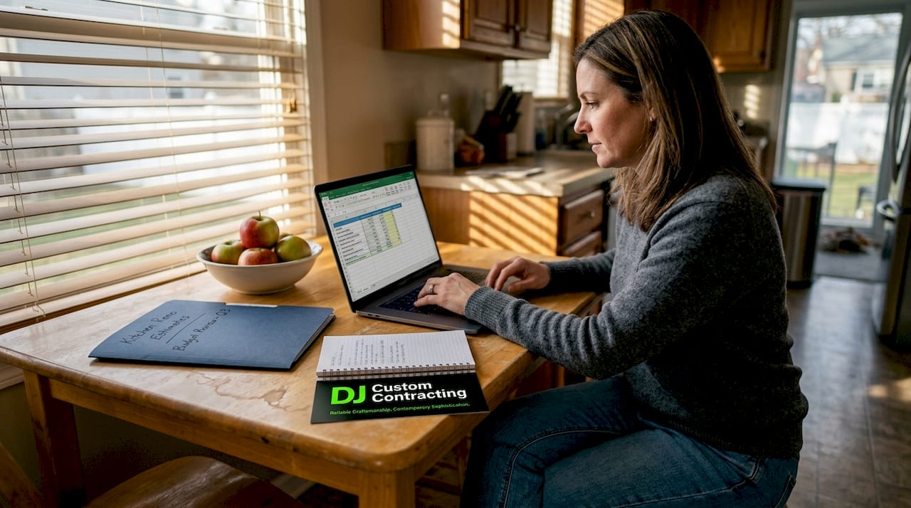 Woman updating remodeling budget at kitchen table