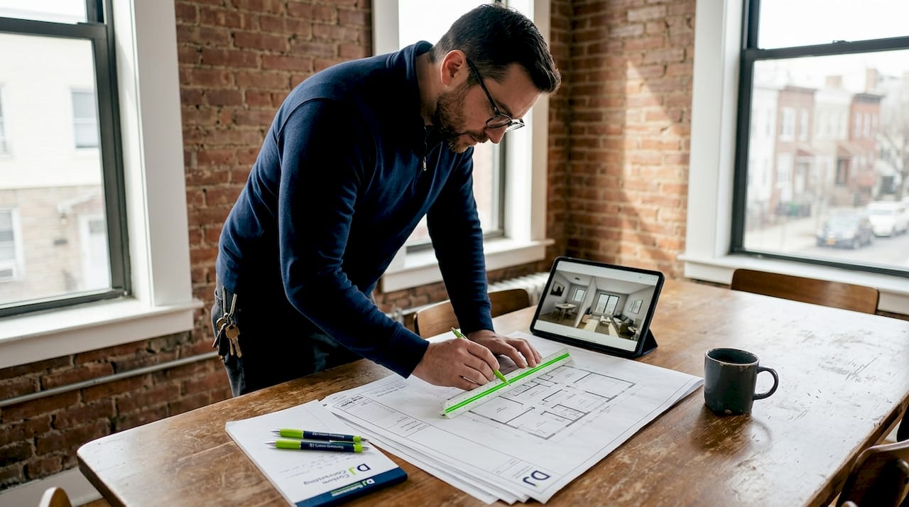 Manager reviewing floor plans at Brooklyn apartment table