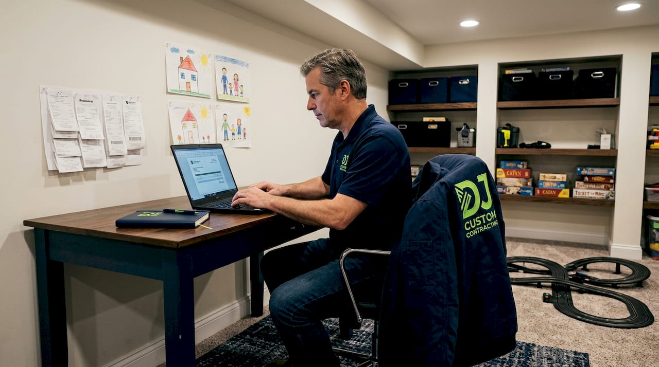 Man working in finished basement home office