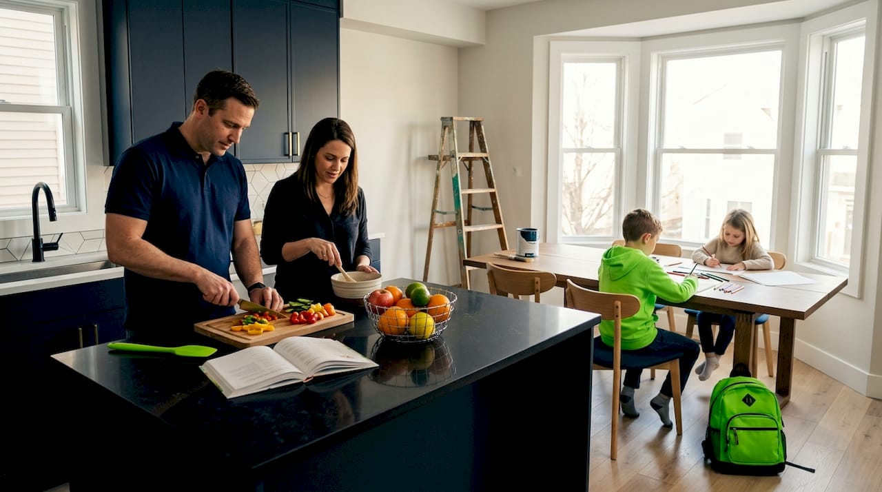 Family using new home kitchen addition