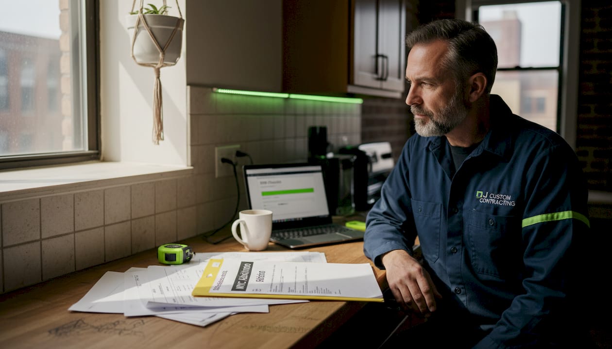 Contractor prepares permit paperwork for addition