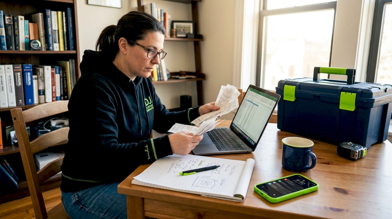 General contractor checks receipts at home table