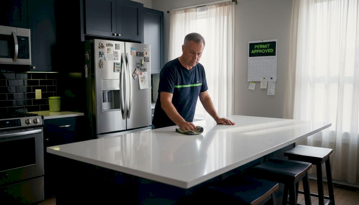 Homeowner cleaning newly upgraded NJ kitchen