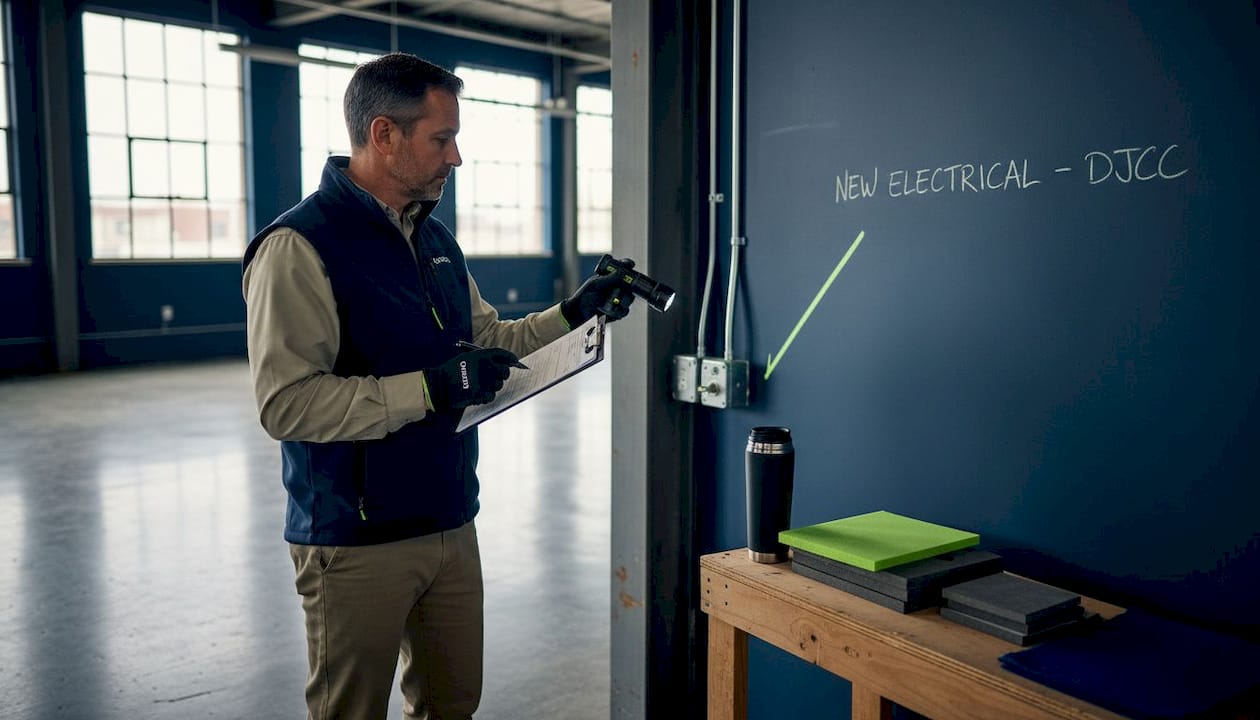 Inspector assessing old commercial building interior