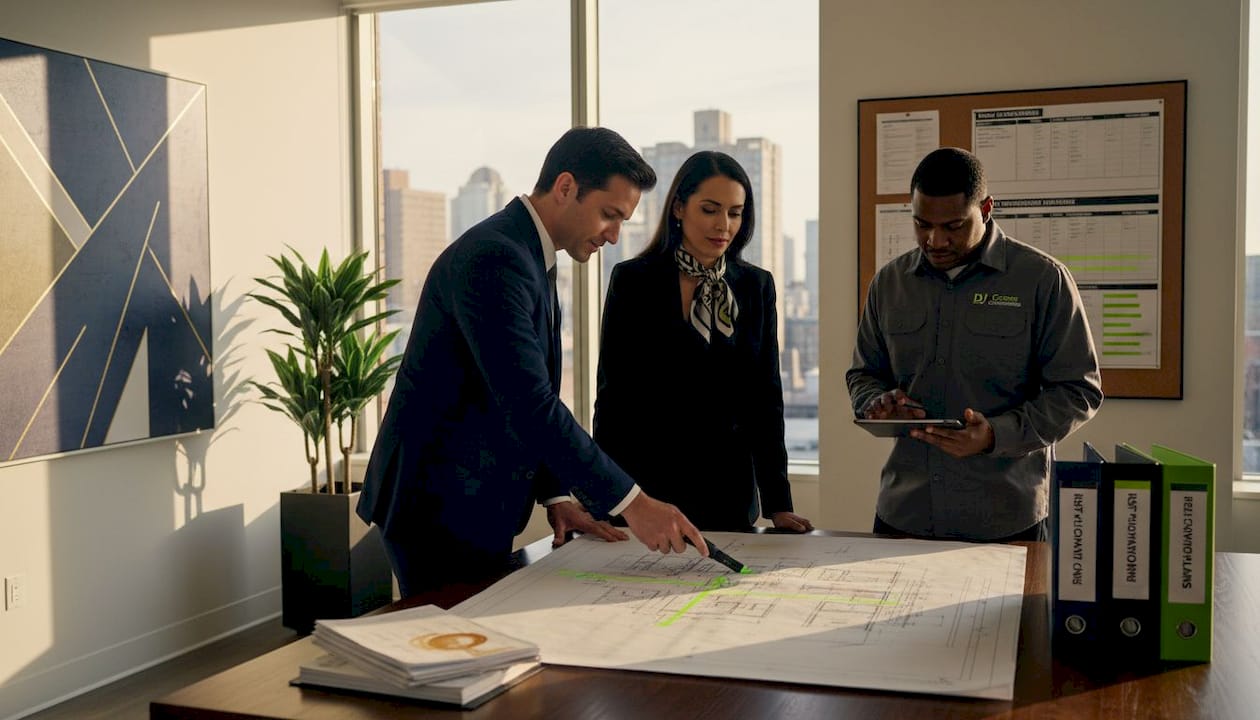 Team reviewing blueprints in city conference room