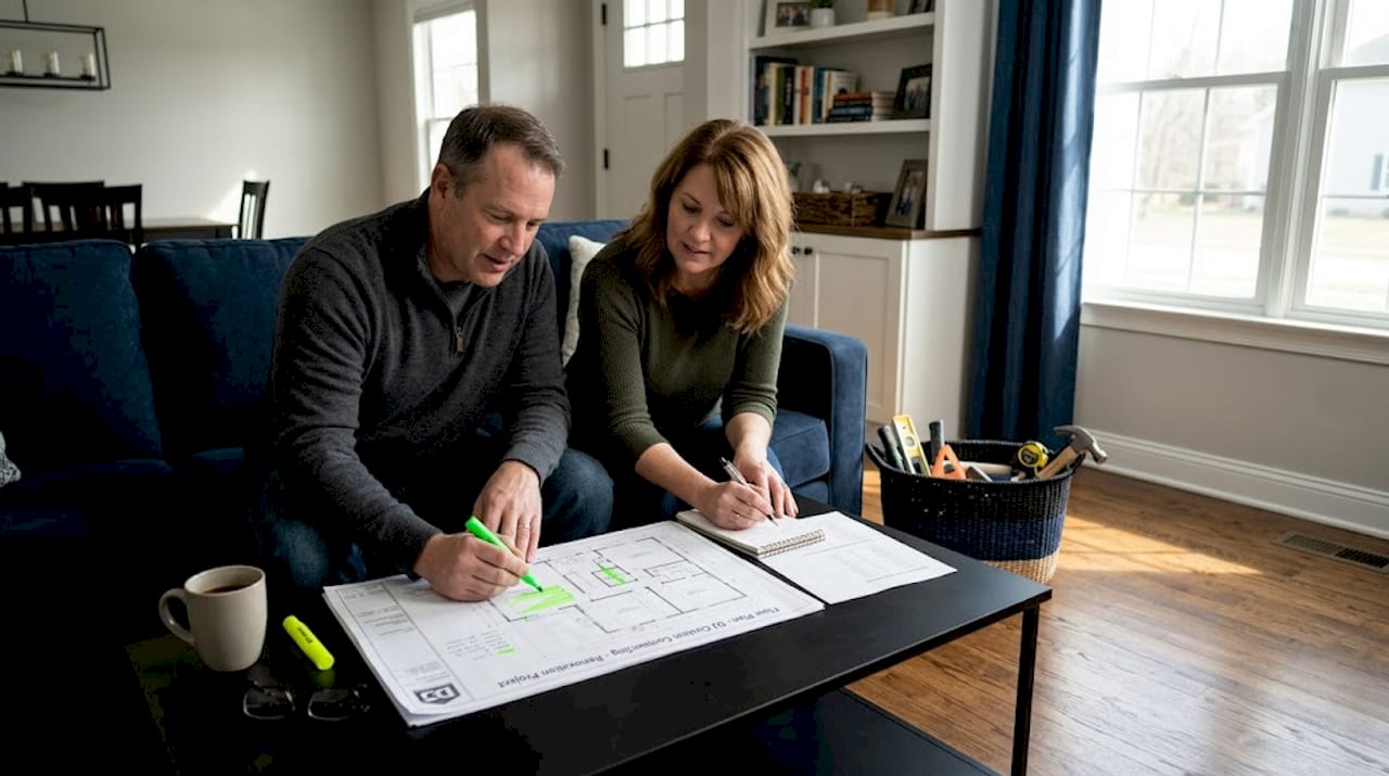 Couple reviewing renovation plans at home