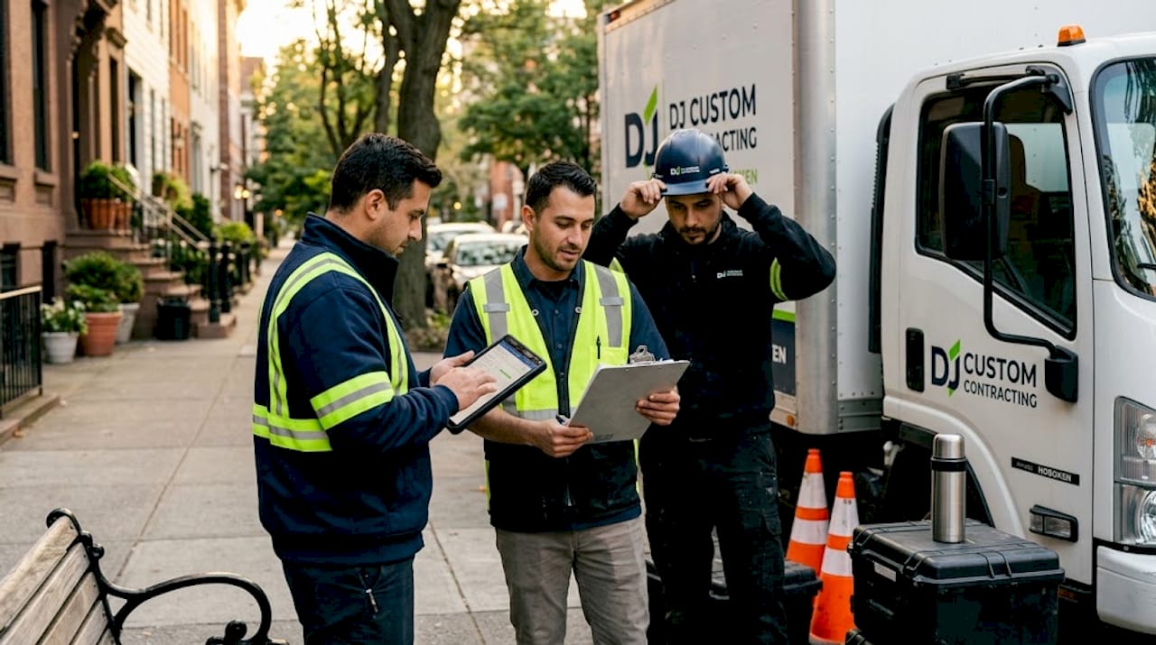 Workers check insurance forms on residential jobsite