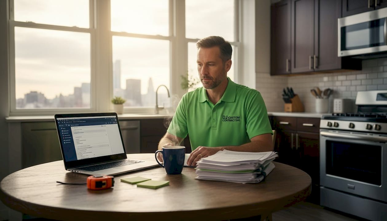 Contractor reviewing insurance paperwork at kitchen table