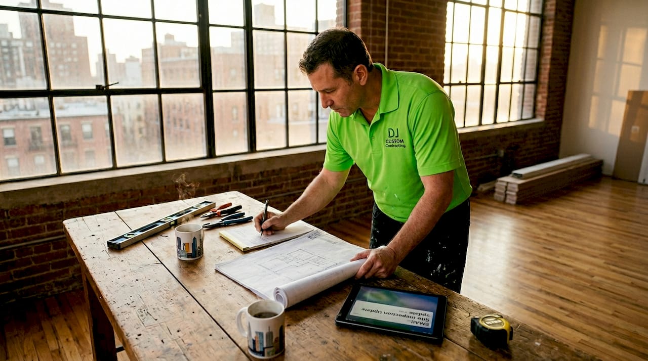 Contractor reviewing plans in NYC apartment