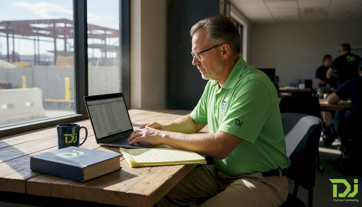 Contractor checking licenses at cluttered site office