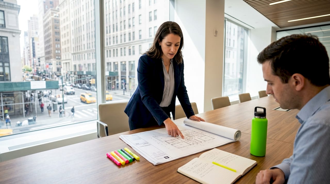 Project manager reviews commercial building plans