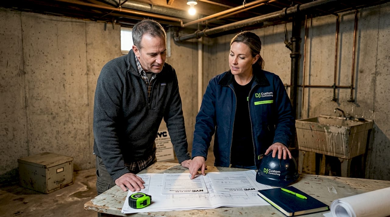 Homeowner and contractor review basement permit documents