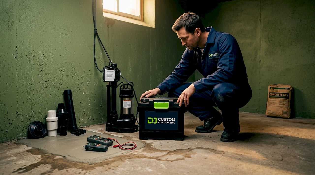 Technician inspects sump pump in NYC basement