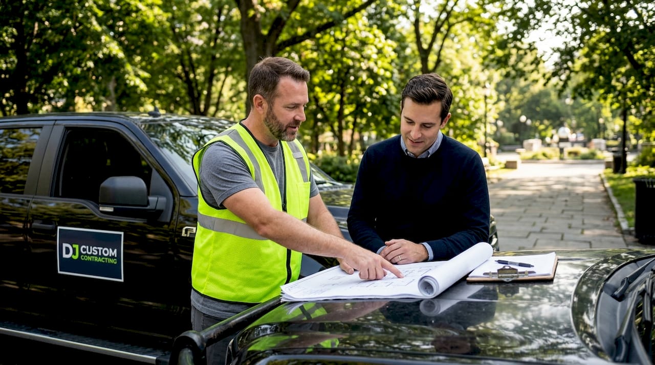 General contractor and client reviewing plans outdoors