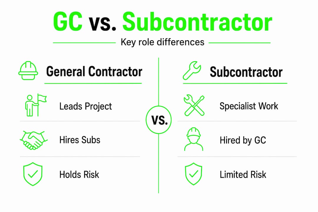 Infographic comparing general contractor and subcontractor roles