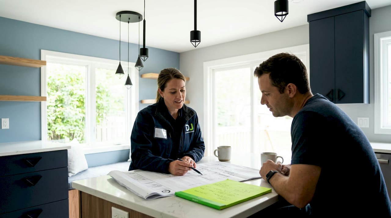 Contractor and homeowner reviewing blueprints in home