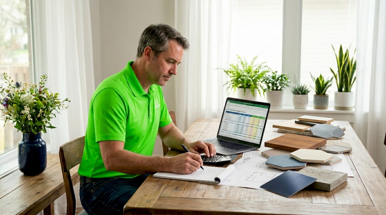 Man reviewing renovation budget on sofa