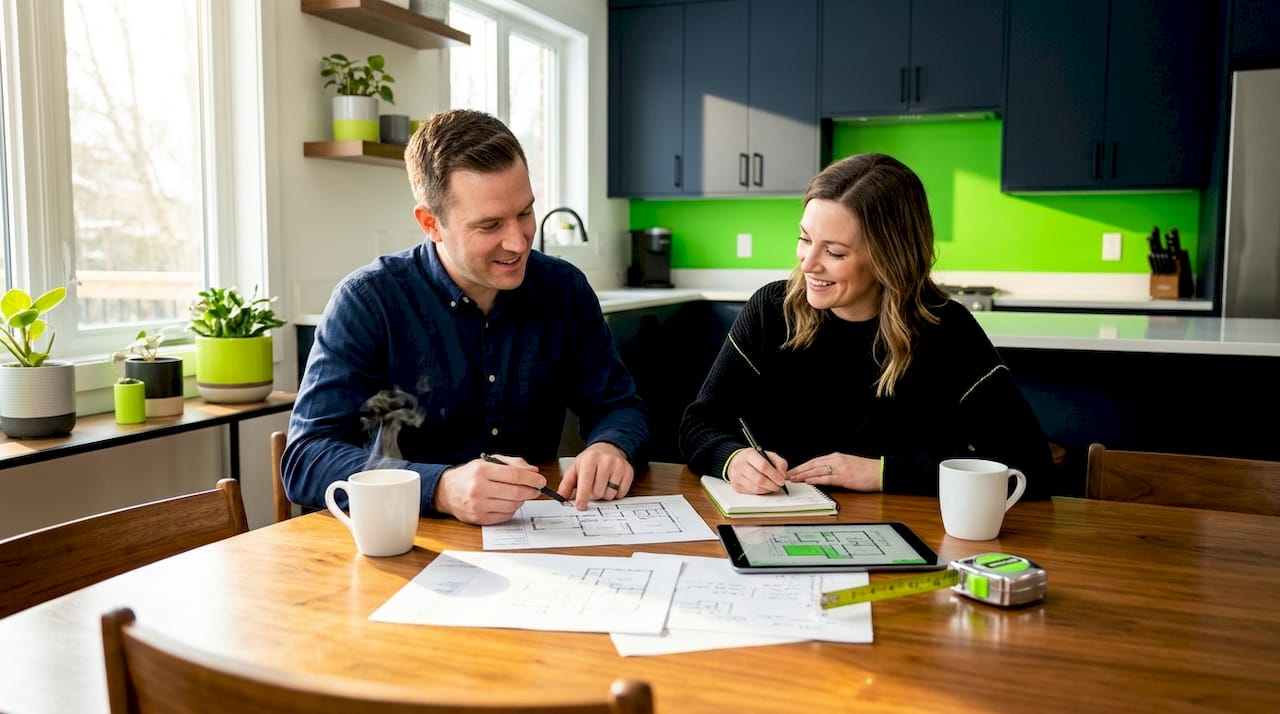 Couple planning home renovation at kitchen table