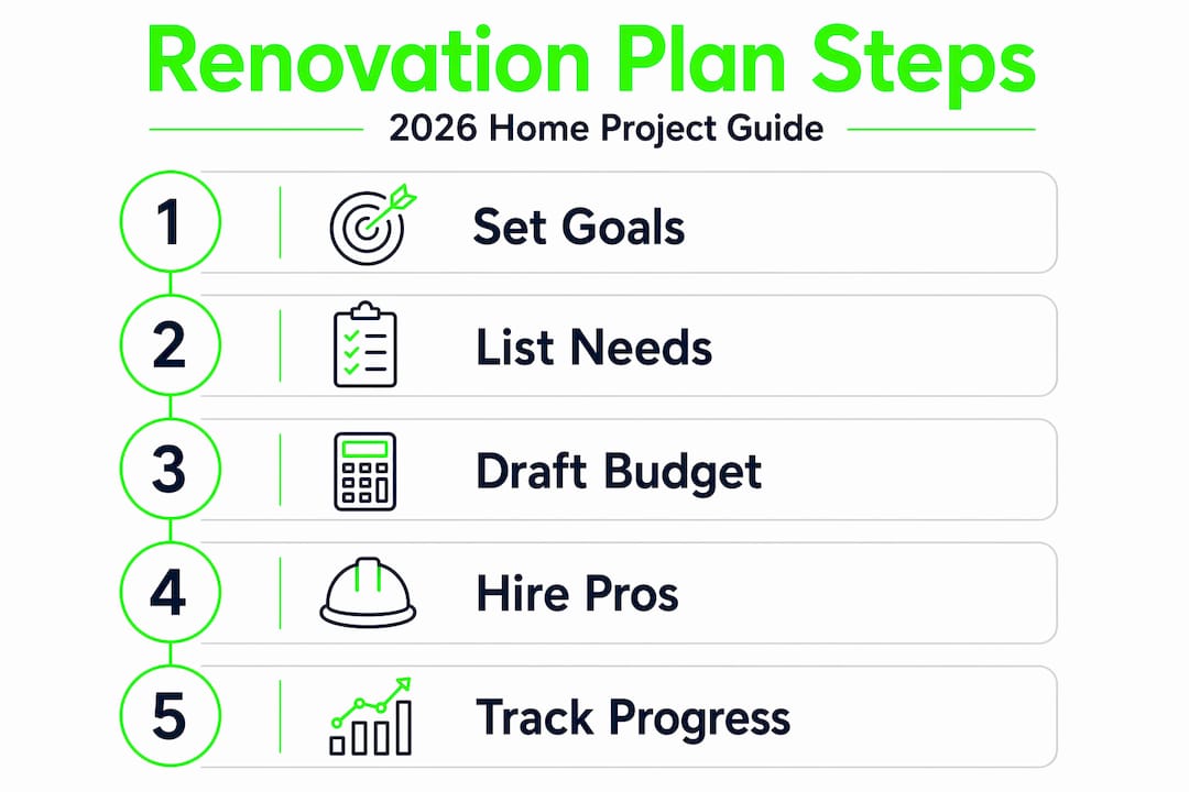 Infographic illustrating five-step home renovation plan