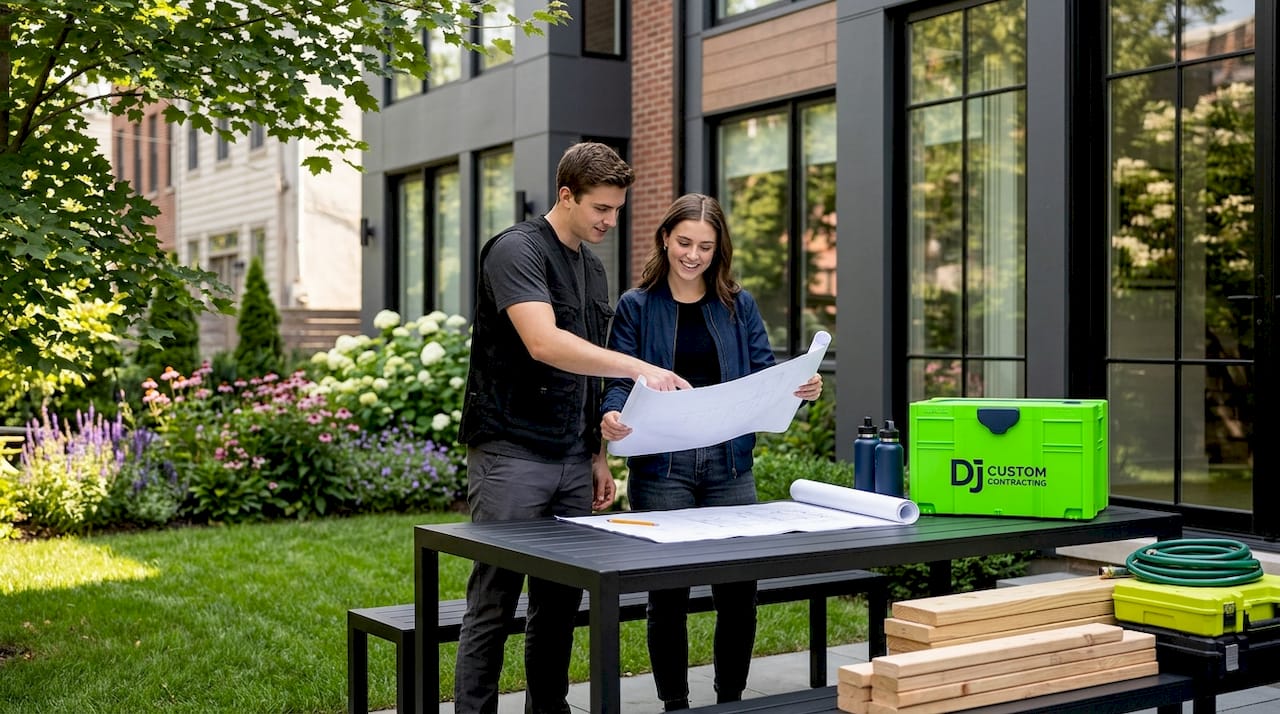 Couple reviews home addition blueprints in Brooklyn yard