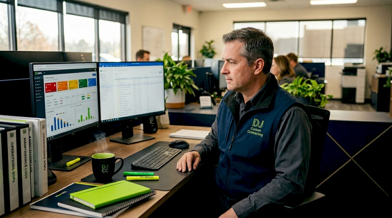 Facility manager reviewing maintenance workflow in office
