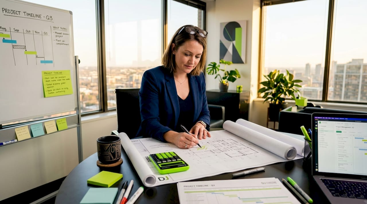 Manager reviewing blueprints in remodeled office