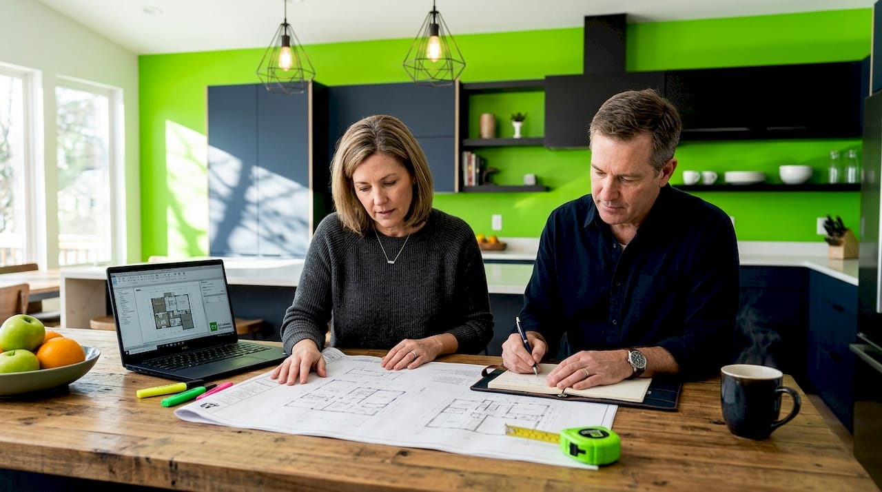 Couple planning home extension project