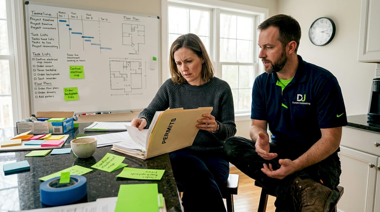 Homeowner and contractor reviewing permits