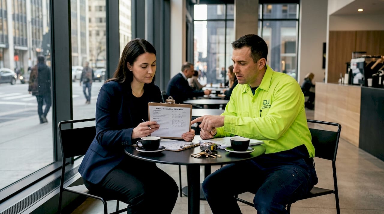 Property manager meeting contractor reviewing paperwork