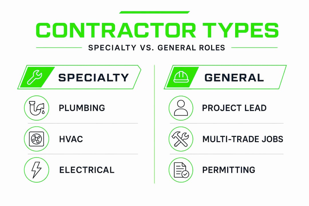 Infographic comparing specialty and general contractor roles