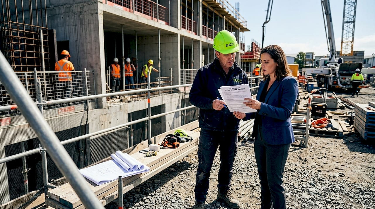Project manager discusses insurance on construction site